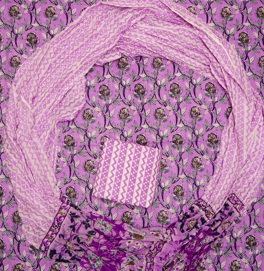 Pure Cotton Hand Block Print Unstitched Suit With Mul Cotton Dupatta.