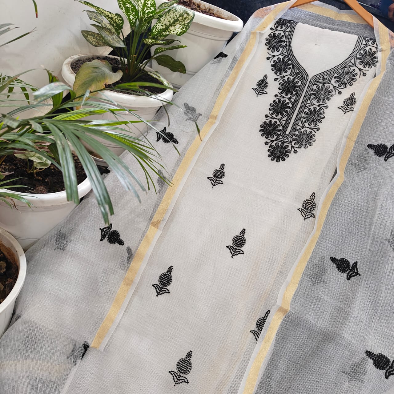 Pure Kota Doriya unstitched suit with embroidery work