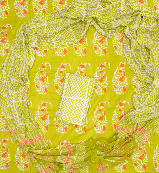 Pure Cotton Hand Block Print Unstitched Suit With Mul Cotton Dupatta.