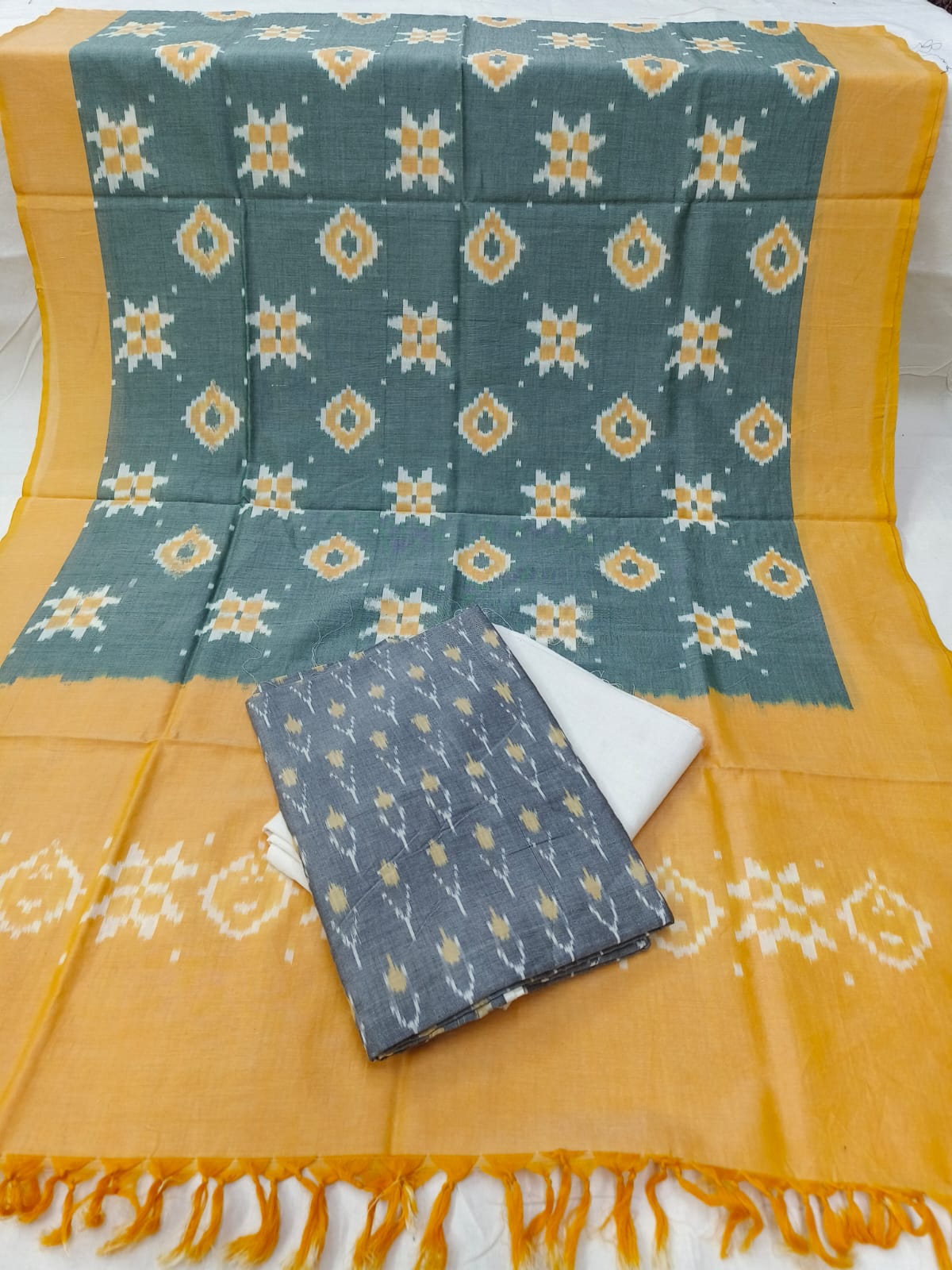 Pure Mercerised Cotton Doubel Ikkat Unstitched Suit With Mercerised Ikkat Cotton Dupatta