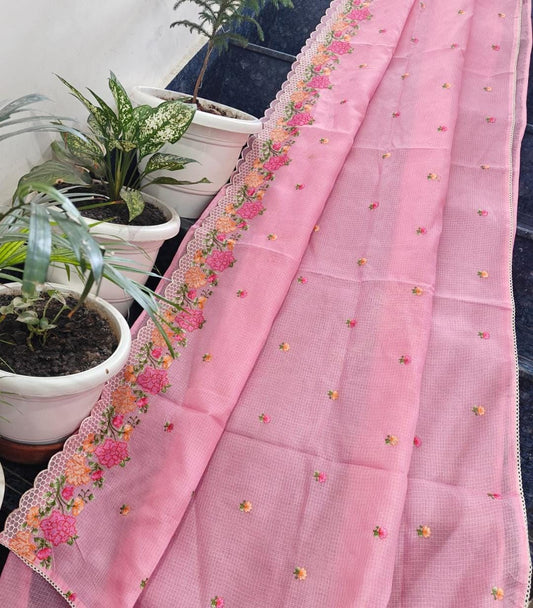 Kota Doria Soft Silk Saree With Embroidery  Work