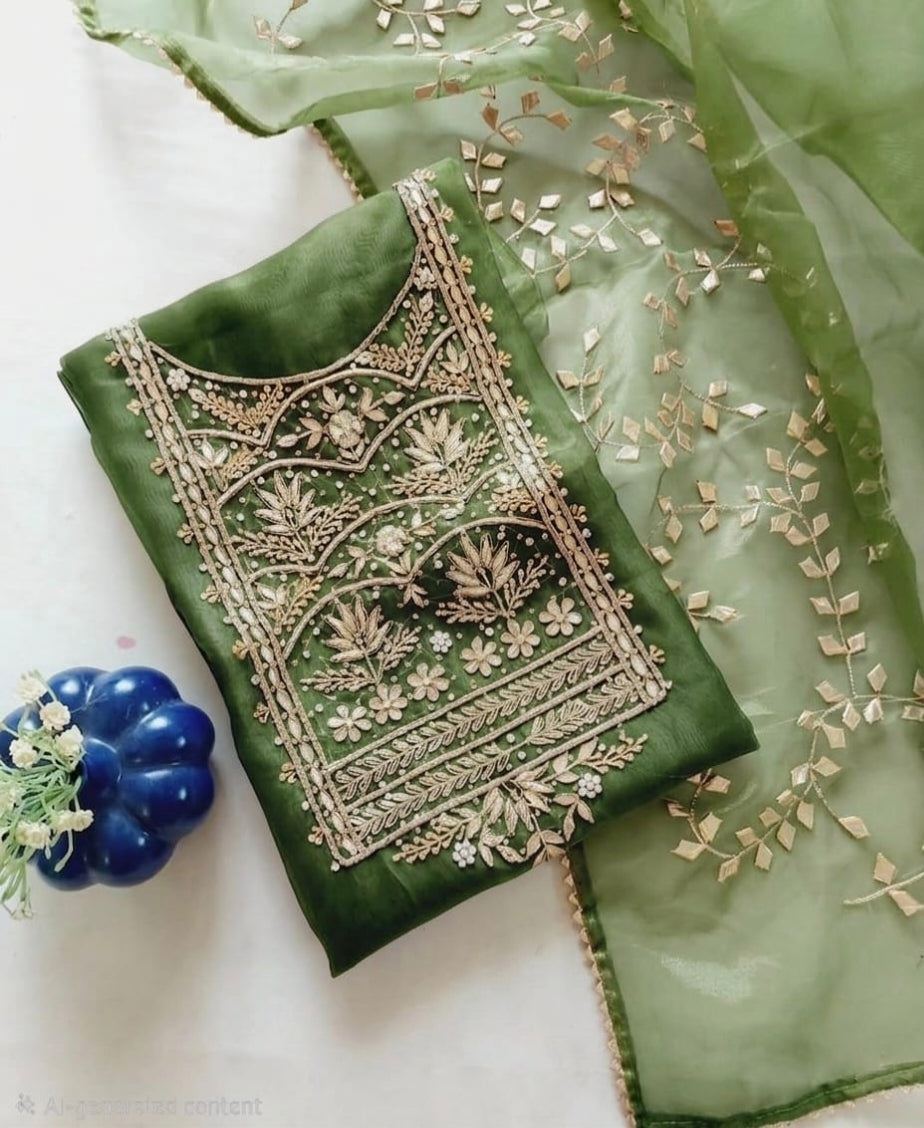 Pure Organza Zardozi Work unstitched Suit With Kacha Patti Dupatta