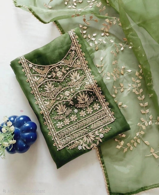 Pure Organza Zardozi Work unstitched Suit With Kacha Patti Dupatta
