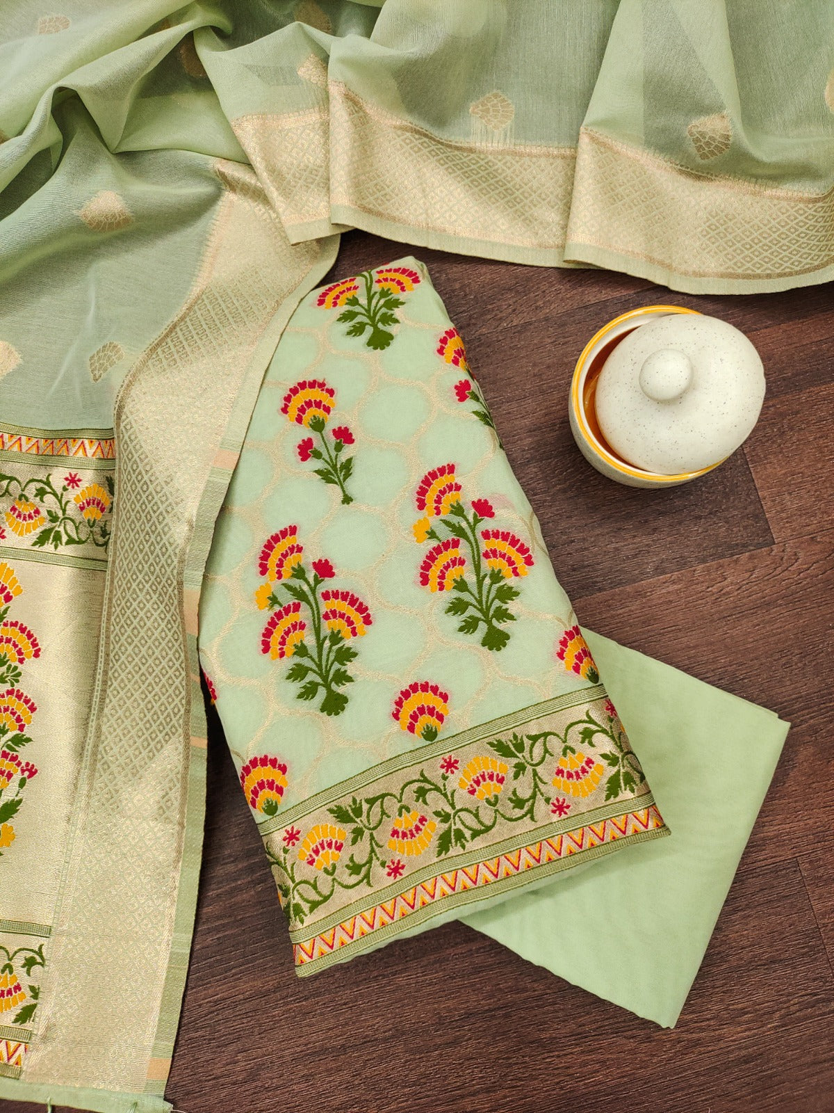 Designer Paithani Woven Unstitched Suit With Bottom