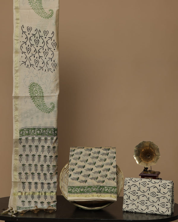 Pure Hand Block Chanderi Silk Unstitched Suit With Chanderi Dupatta