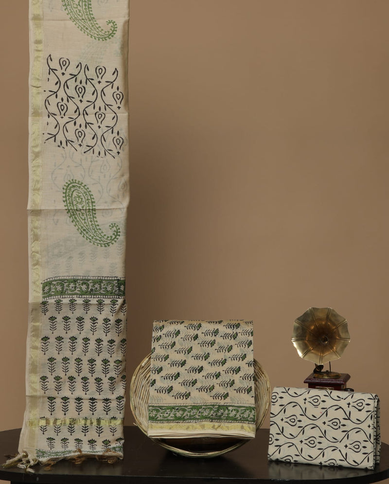 Pure Hand Block Chanderi Silk Unstitched Suit With Chanderi Dupatta