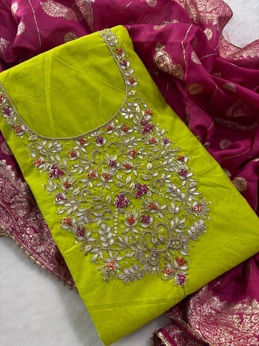 Rich Chanderi  Unstitched Suit with Zardogi Work with Dupatta