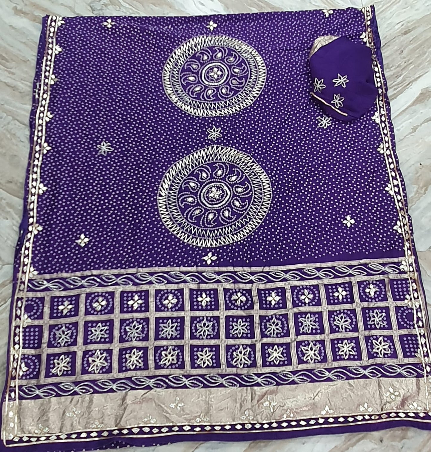 Pure Hand Bandhej Gajji Silk Saree Kachi  Gota Patti Work With Hand Work Blouse.