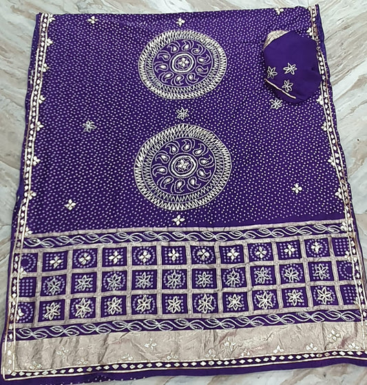 Pure Hand Bandhej Gajji Silk Saree Kachi  Gota Patti Work With Hand Work Blouse.
