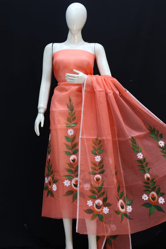 Pure Kota Doriya Suit With Hand Brush Print Unstitched Suit