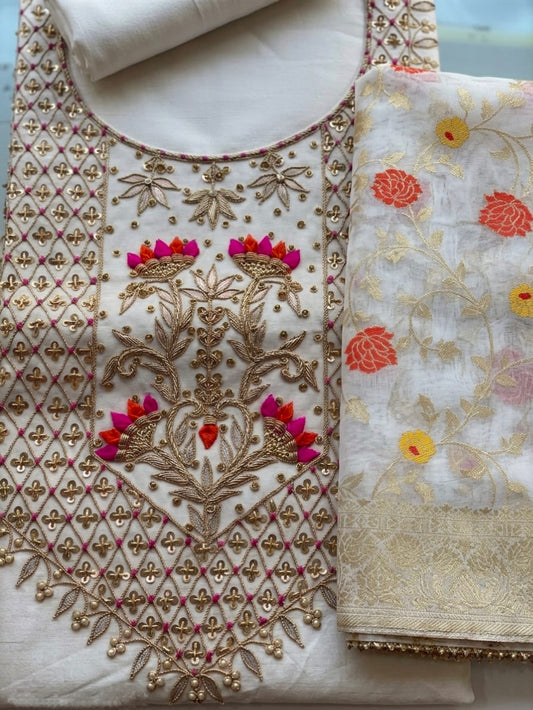 Premium  Chanderi Zardozi Work Unstitched Suit With Banarasi dupatta
