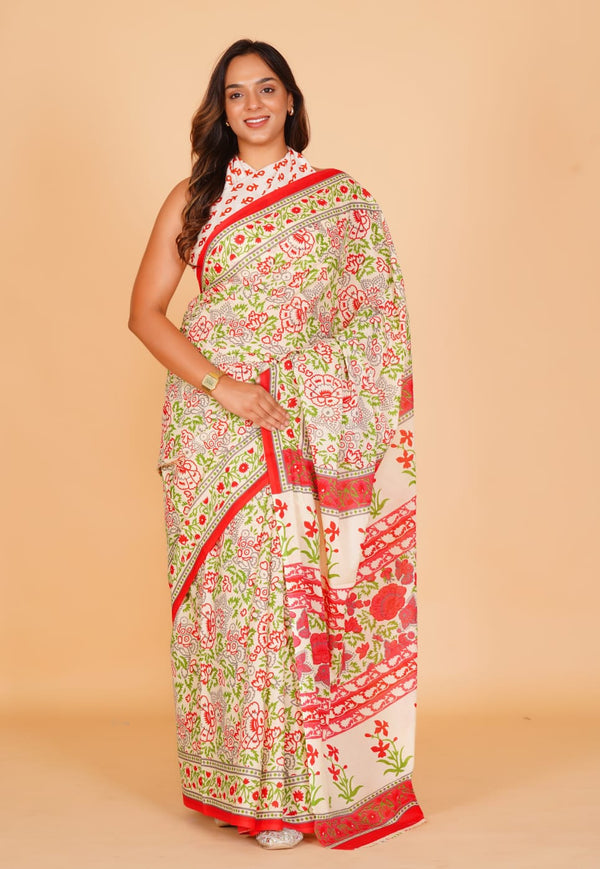 Pure Hand Printed Cotton Sarees With Blouse