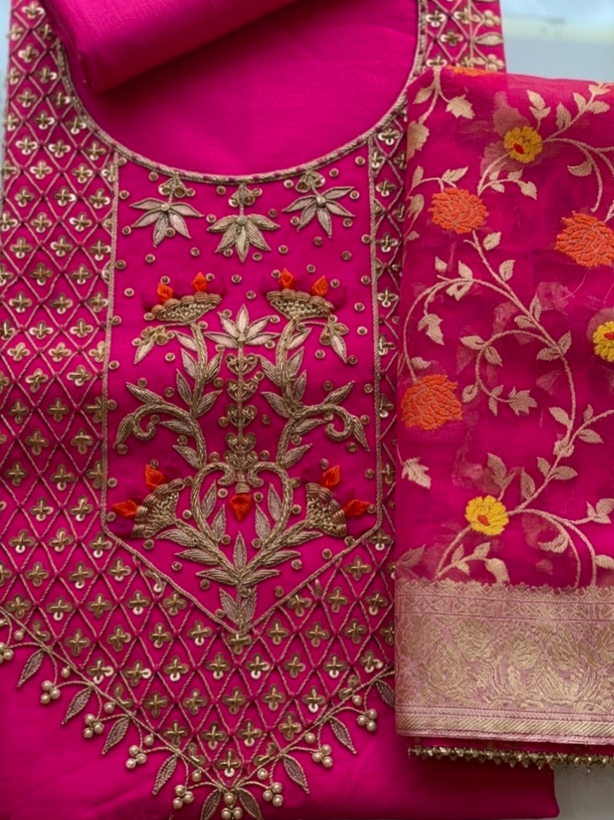 Premium  Chanderi Zardozi Work Unstitched Suit With Banarasi dupatta
