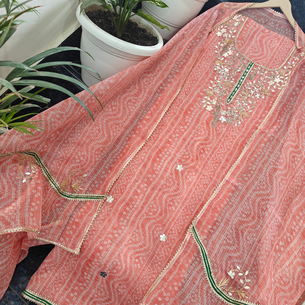 Pure Kota Doriya Unstitched Suit With Gota Patti Work