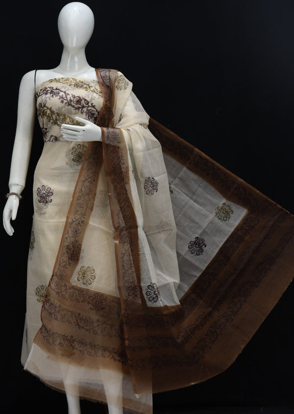 Pure Kota Doriya Hand Block Print Unstitched Suit With Bottom