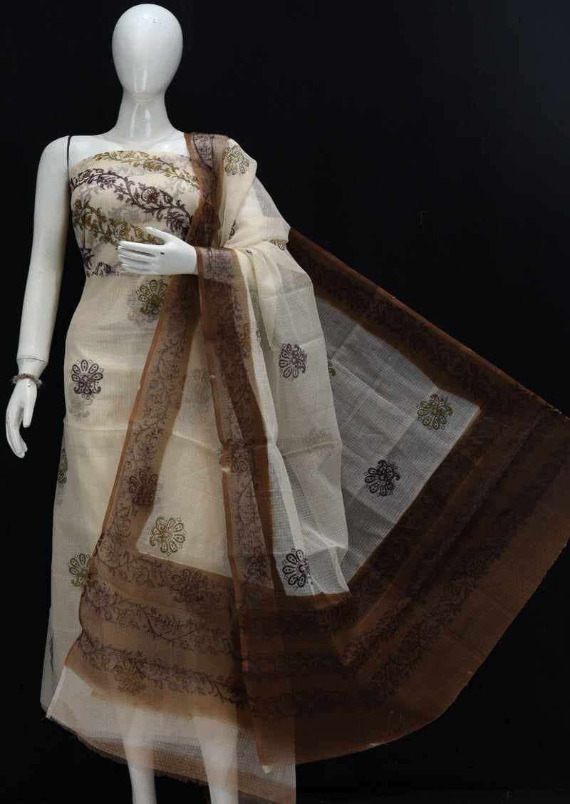 Pure Kota Doriya Hand Block Print Unstitched Suit With Bottom
