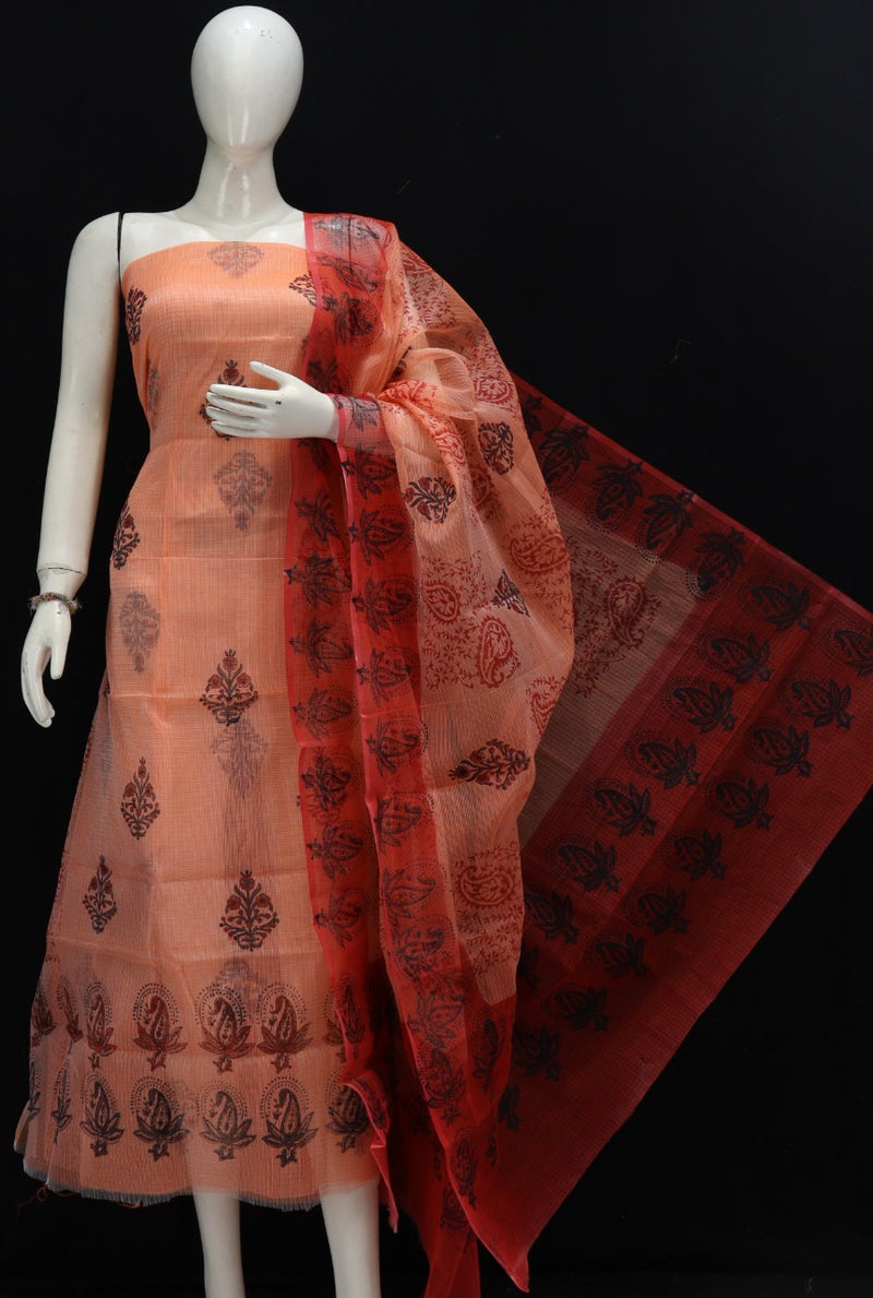 Pure Kota Doriya Hand Block Print Unstitched Suit With Bottom