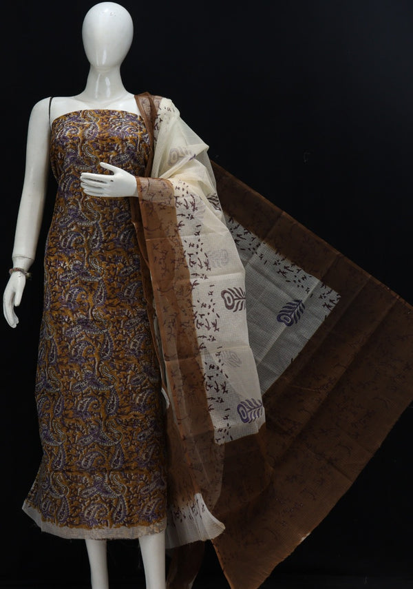 Pure Kota Doriya Hand Block Print Unstitched Suit With Bottom