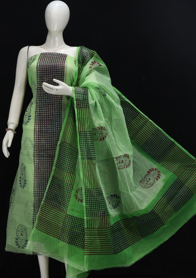 Pure Kota Doriya Hand Block Print Unstitched Suit With Bottom