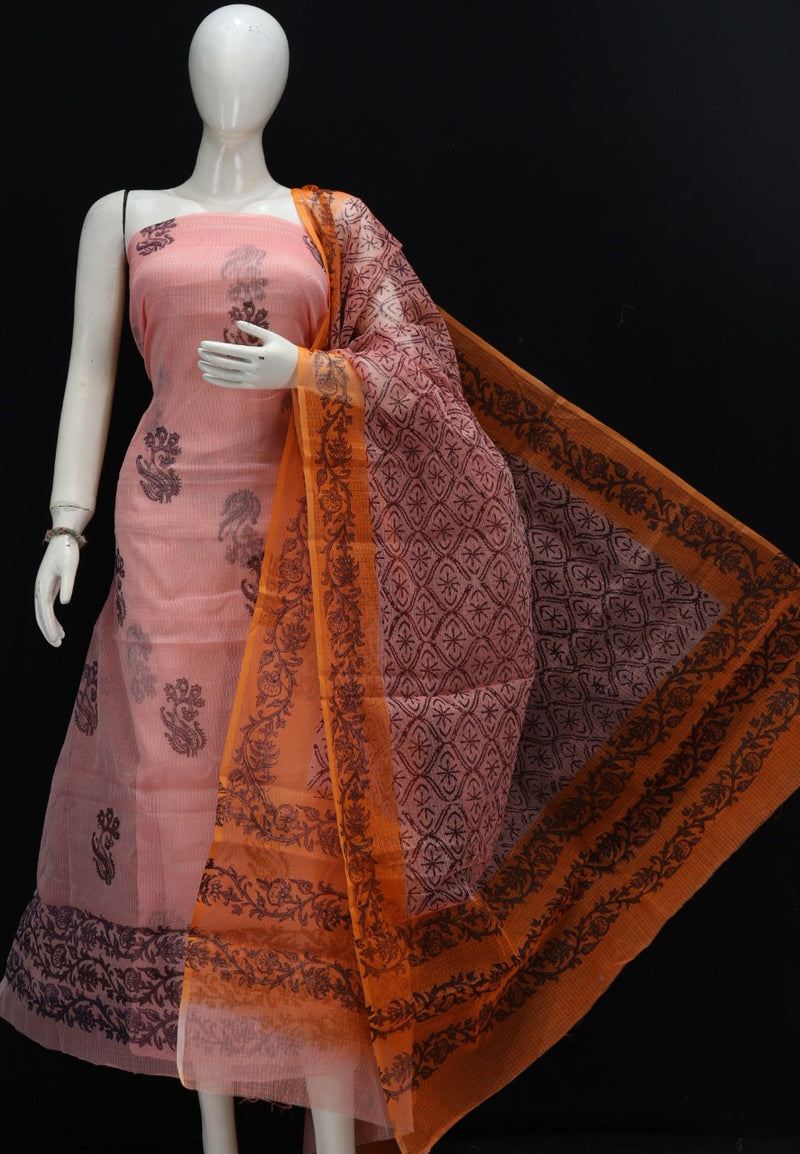 Pure Kota Doriya Hand Block Print Unstitched Suit With Bottom