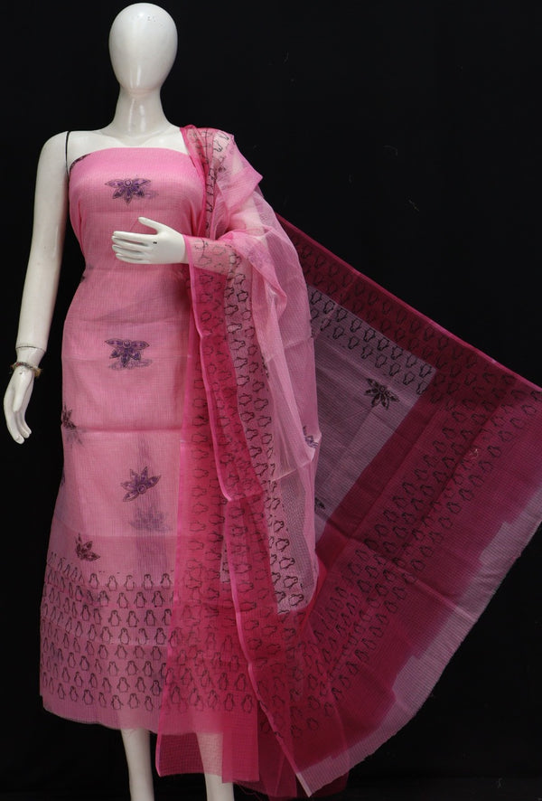 Pure Kota Doriya Hand Block Print Unstitched Suit With Bottom
