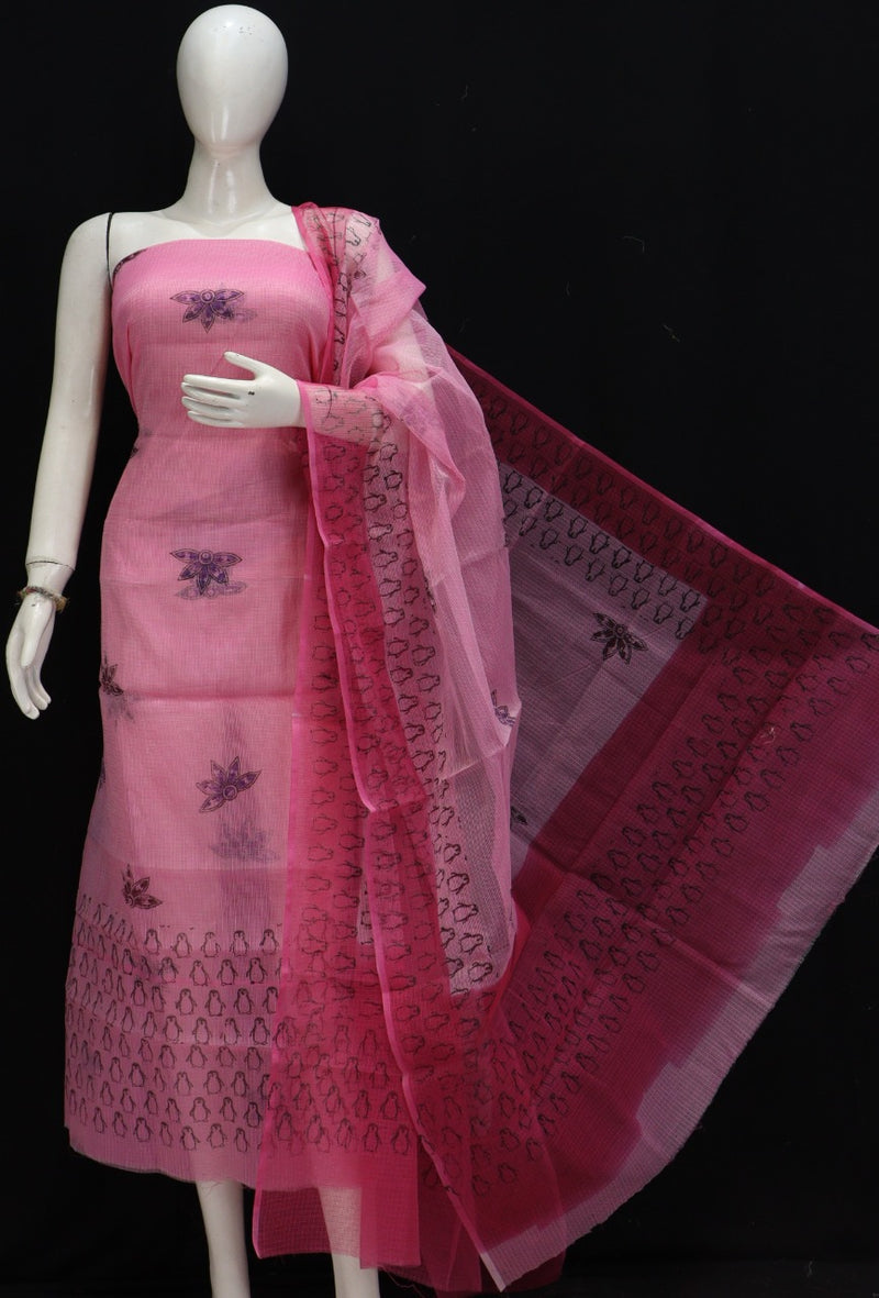 Pure Kota Doriya Hand Block Print Unstitched Suit With Bottom