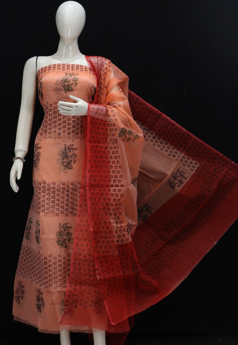 Pure Kota Doriya Hand Block Print Unstitched Suit With Bottom