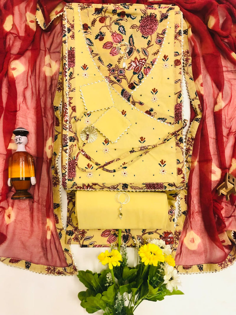 Pure Cotton Angarakha Pattern Unstitched Suit With Chiffon Dupatta.