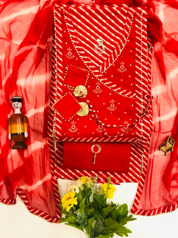 Pure Cotton Angarakha Pattern Unstitched Suit With Chiffon Dupatta.