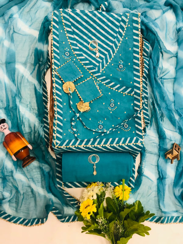 Pure Cotton Angarakha Pattern Unstitched Suit With Chiffon Dupatta.