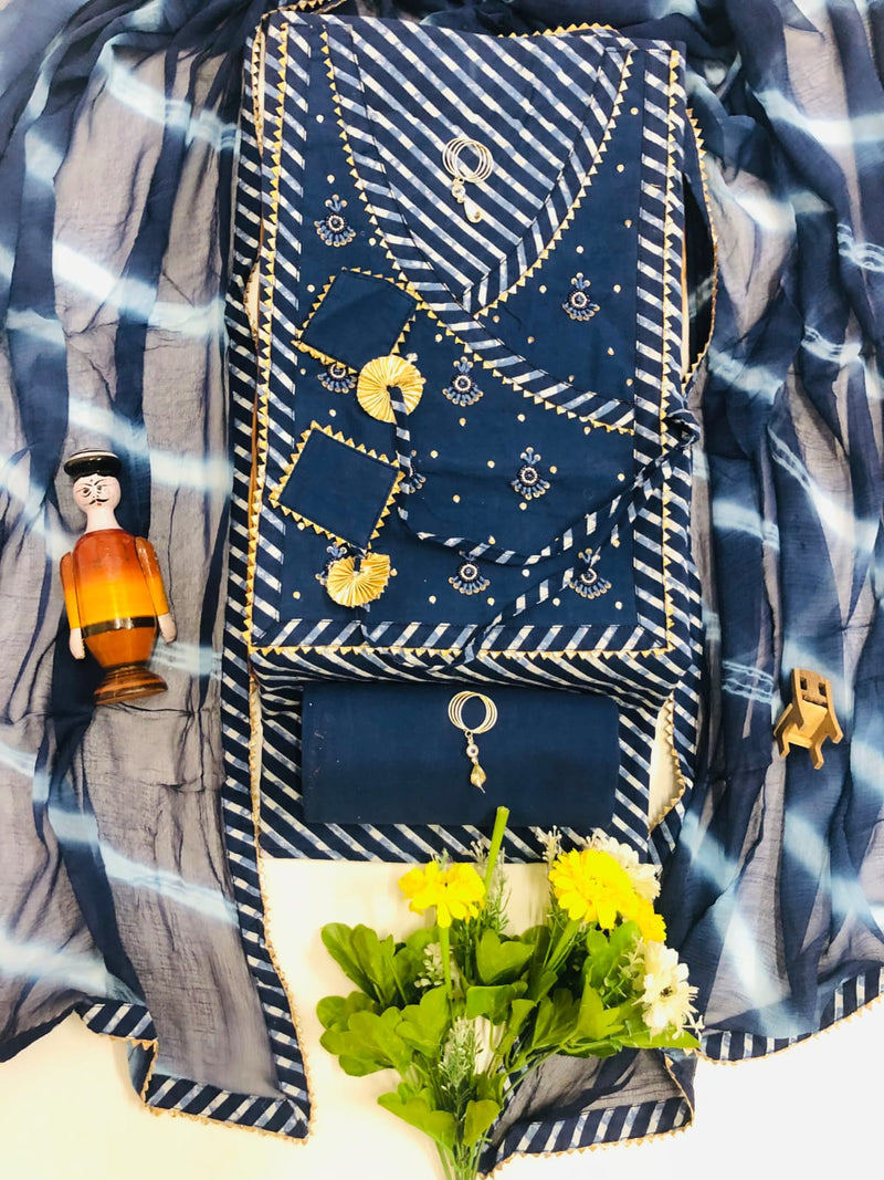 Pure Cotton Angarakha Pattern Unstitched Suit With Chiffon Dupatta.