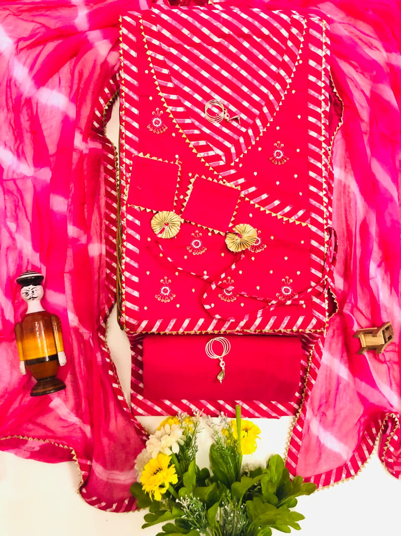 Pure Cotton Angarakha Pattern Unstitched Suit With Chiffon Dupatta.