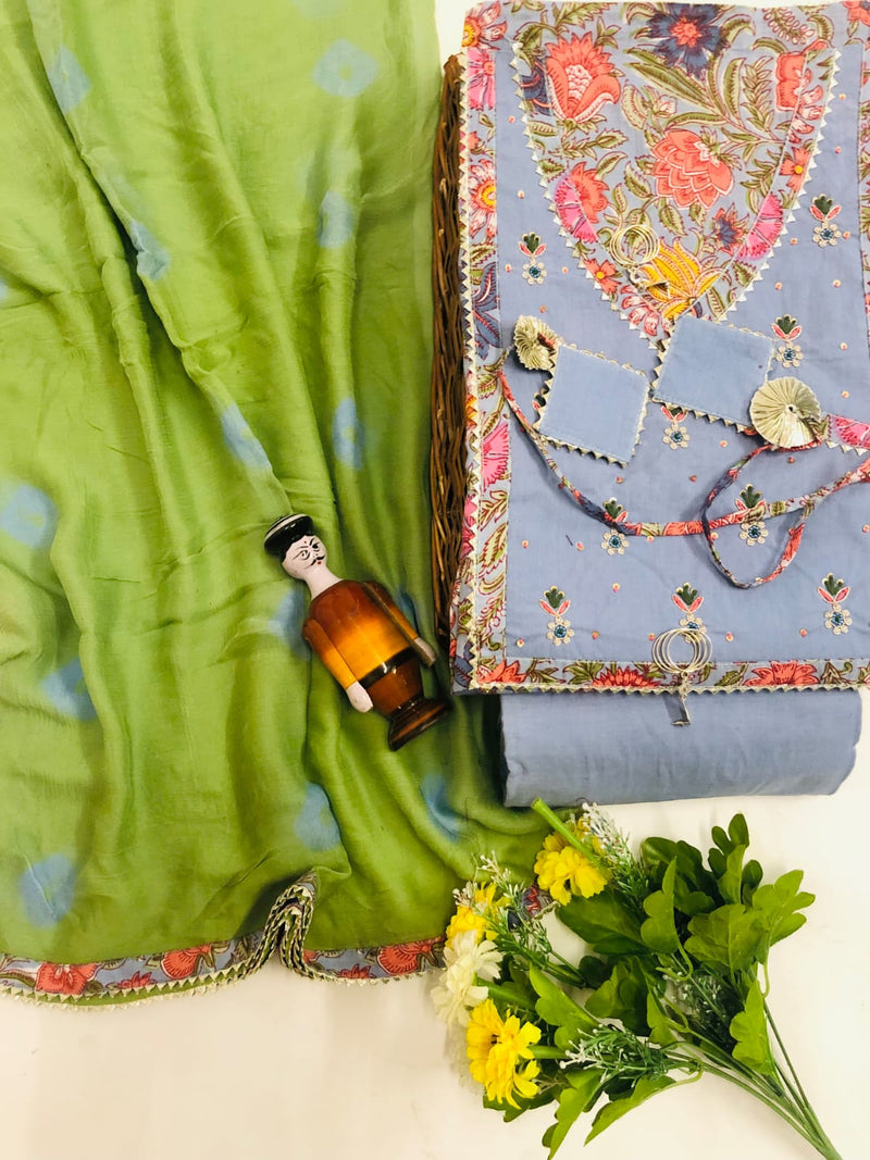 Pure Cotton Angarakha Pattern Unstitched Suit With Chiffon Dupatta.