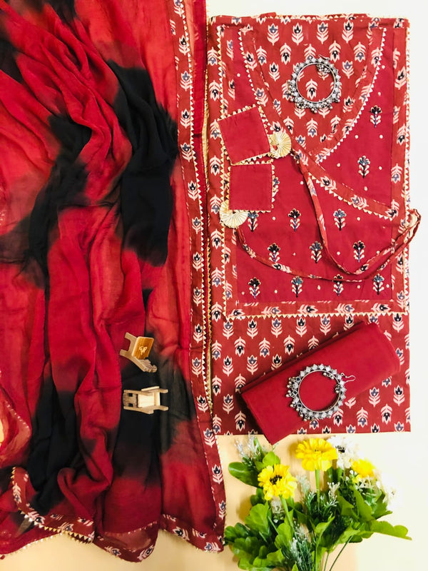 Pure Cotton Angarakha Pattern Unstitched Suit With Chiffon Dupatta.