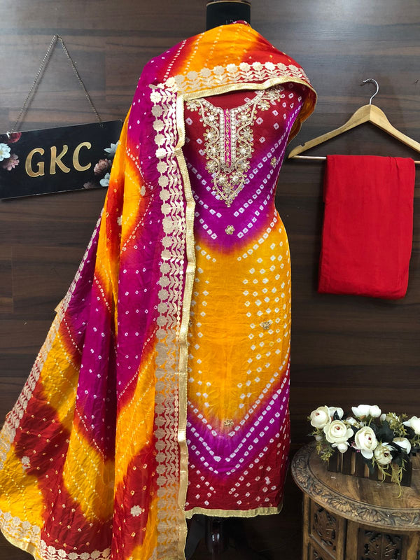 Bandhej Gota Patti Kundan Work Unstitched Suit With Bandhej Gota Patti Work Dupatta