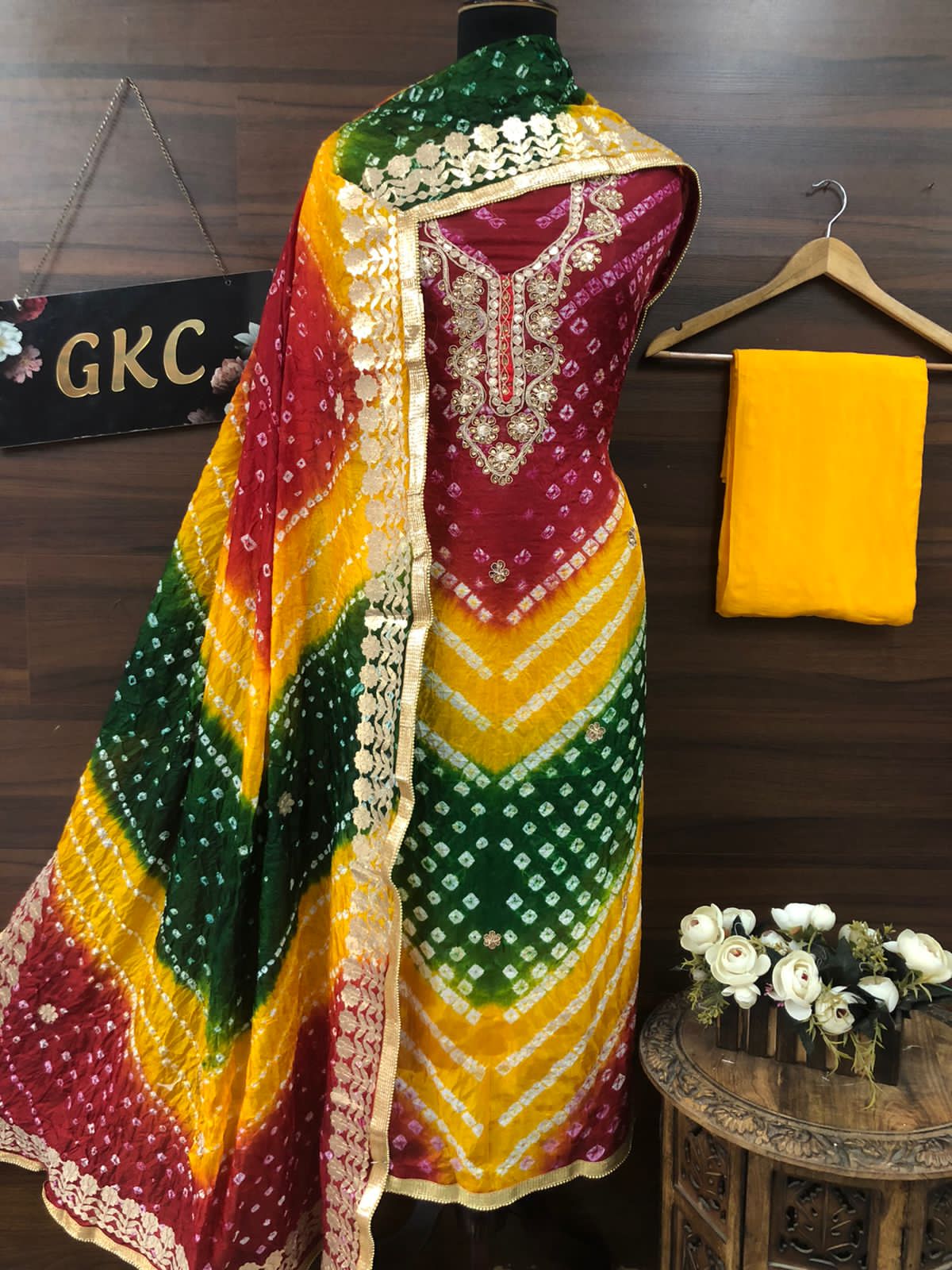 Bandhej Gota Patti Kundan Work Unstitched Suit With Bandhej Gota Patti Work Dupatta