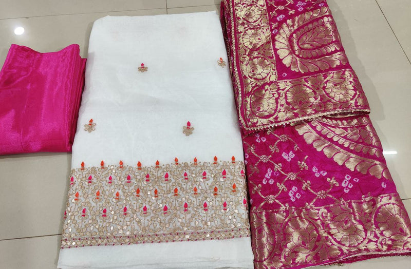 Pure Chanderi Gotta pati Zardozi Work Unstitched Suit With Bandhej Banarasi Silk Dupatta