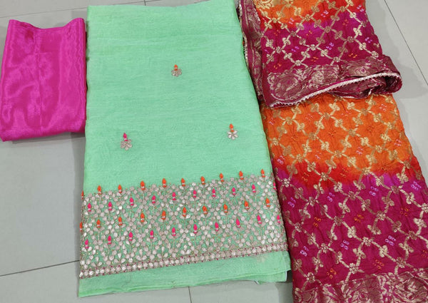Pure Chanderi Gotta pati Zardozi Work Unstitched Suit With Bandhej Banarasi Silk Dupatta