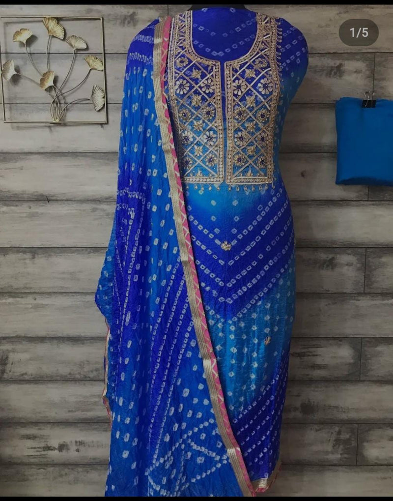 Blue Color Bandhej Gota Patti Kundan Work Unstitched Suit With Bandhej Gota Patti Work Dupatta