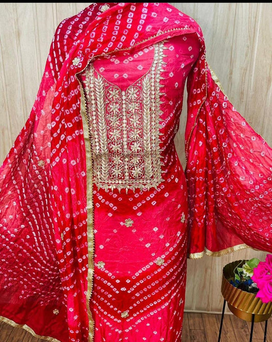 Pink Color Bandhej Gota Patti Kundan Work Unstitched Suit With Bandhej Gota Patti Work Dupatta