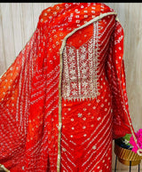 Orange Color Bandhej Gota Patti Kundan Work Unstitched Suit With Bandhej Gota Patti Work Dupatta