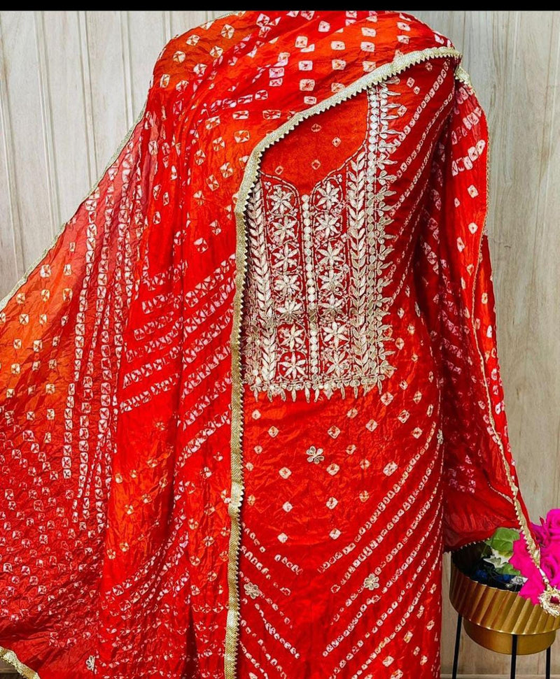 Orange Color Bandhej Gota Patti Kundan Work Unstitched Suit With Bandhej Gota Patti Work Dupatta