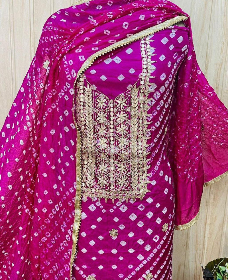 Pink Color Bandhej Gota Patti Kundan Work Unstitched Suit With Bandhej Gota Patti Work Dupatta