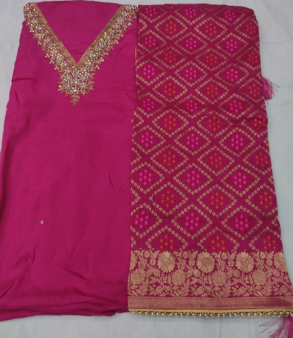 Khaddi Silk Heavy Neck Work Unstitched Suit With Meean Bandhej Dola Silk Dupatta