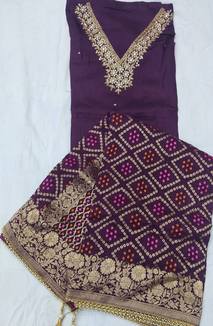 Khaddi Silk Heavy Neck Work Unstitched Suit With Meean Bandhej Dola Silk Dupatta