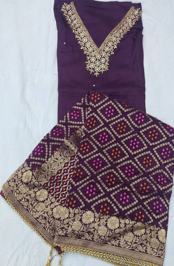Khaddi Silk Heavy Neck Work Unstitched Suit With Meean Bandhej Dola Silk Dupatta