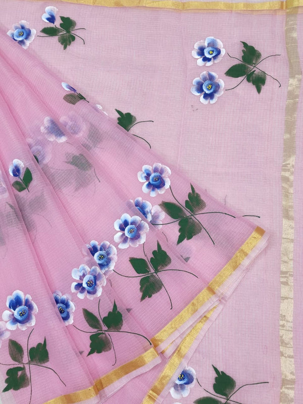 Kota Doria Saree With Hand Brush Work