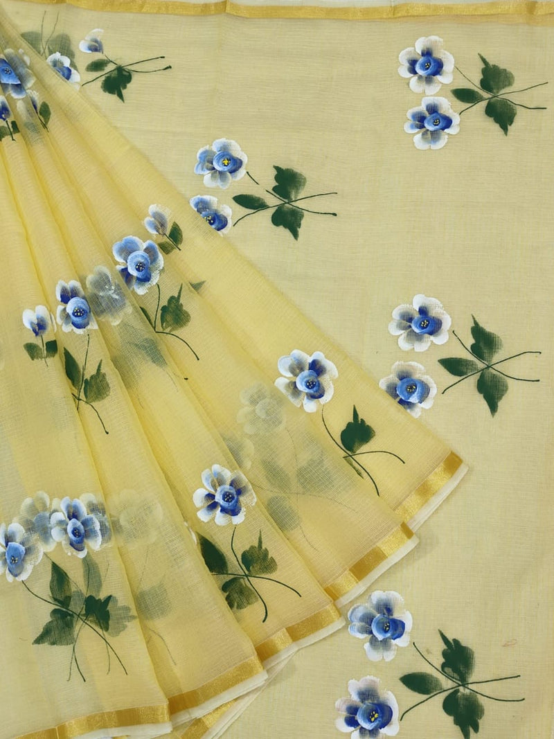 Kota Doria Saree With Hand Brush Work