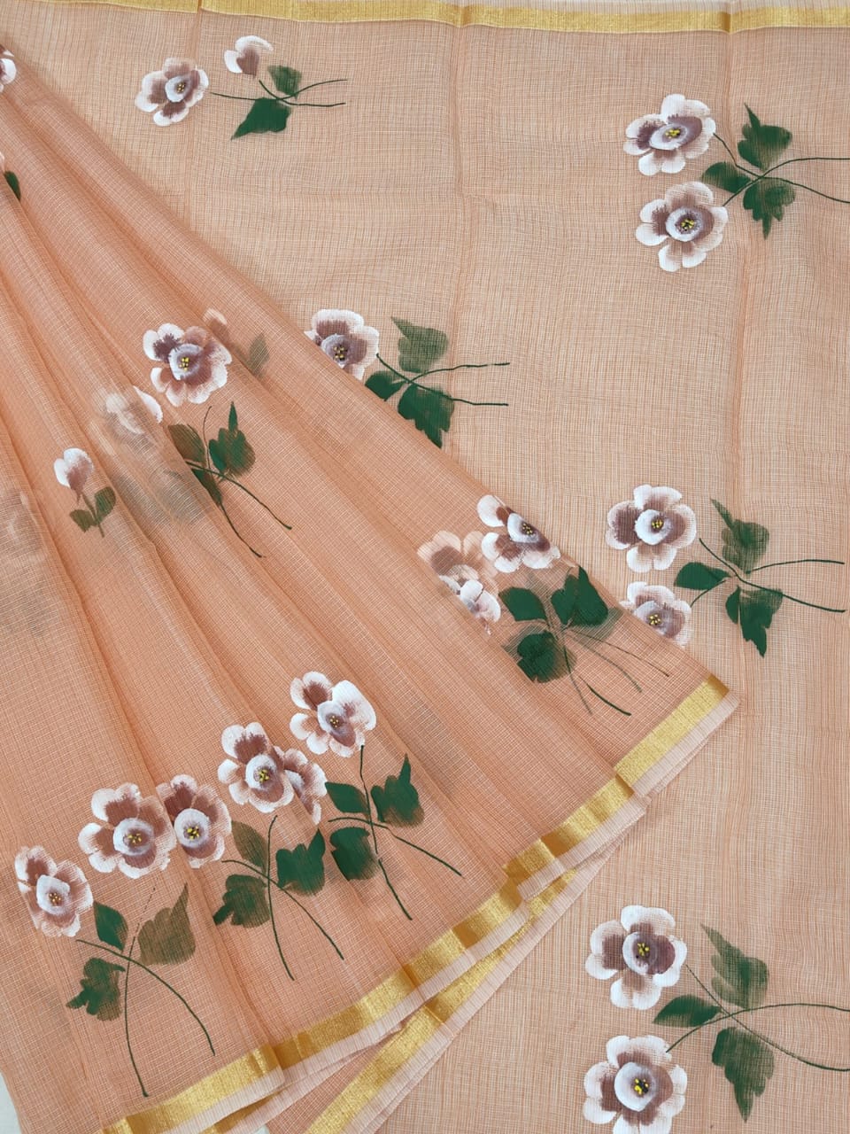 Kota Doria Saree With Hand Brush Work