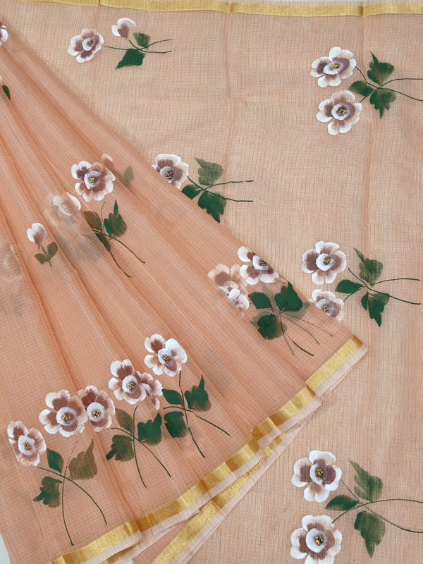 Kota Doria Saree With Hand Brush Work